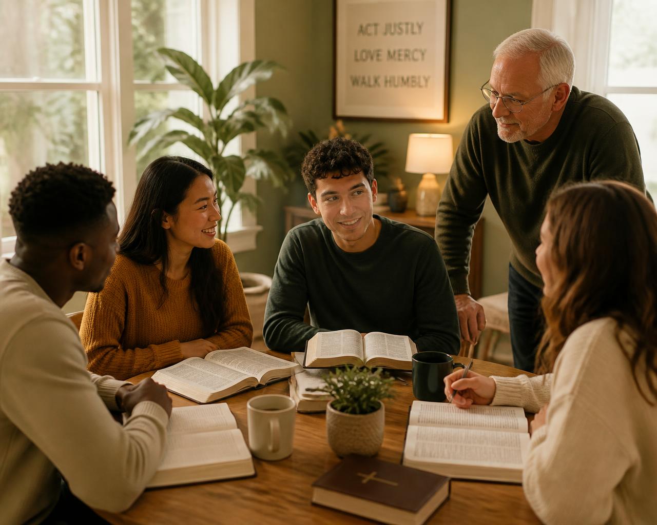 A mentor leading a small group of young adults in Bible study around a table