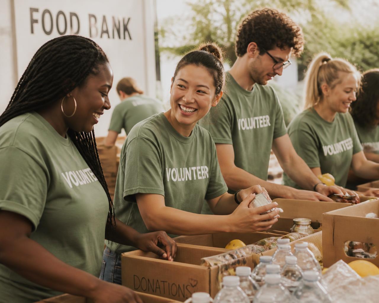 Young adult volunteers packing donation boxes together at a community food bank