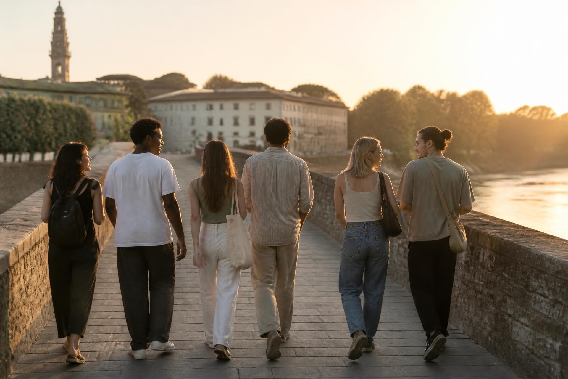 A group of young adults walking together across a stone bridge at sunrise