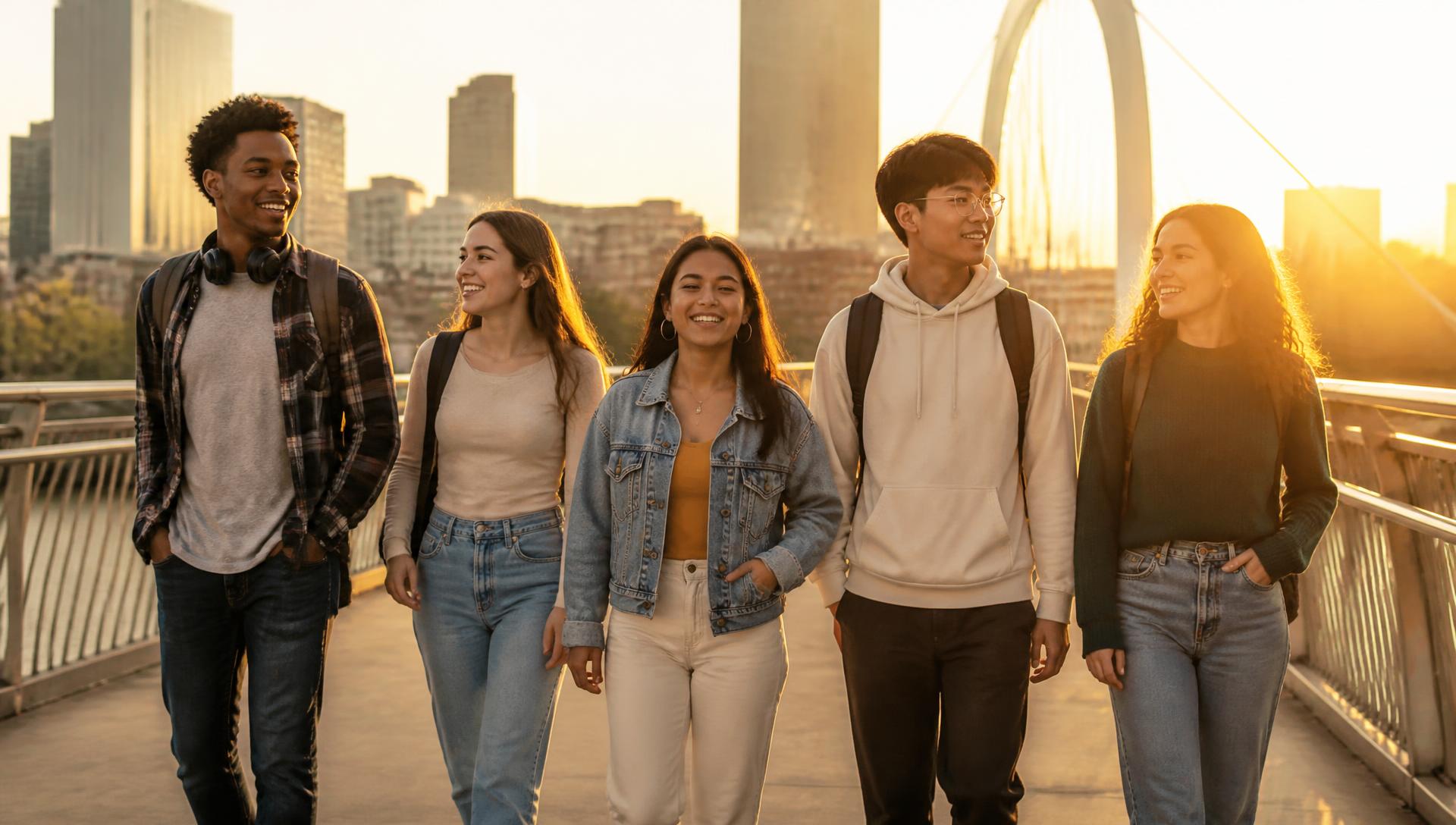Young adults walking forward together across a bridge at sunrise