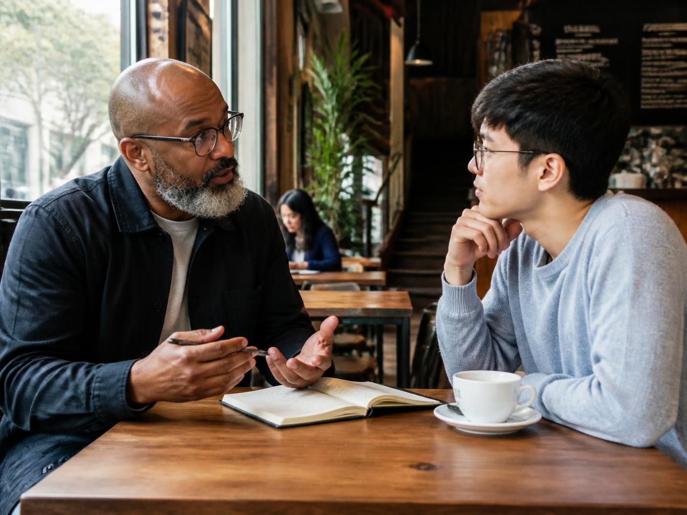 A mentor in conversation with a young adult over coffee