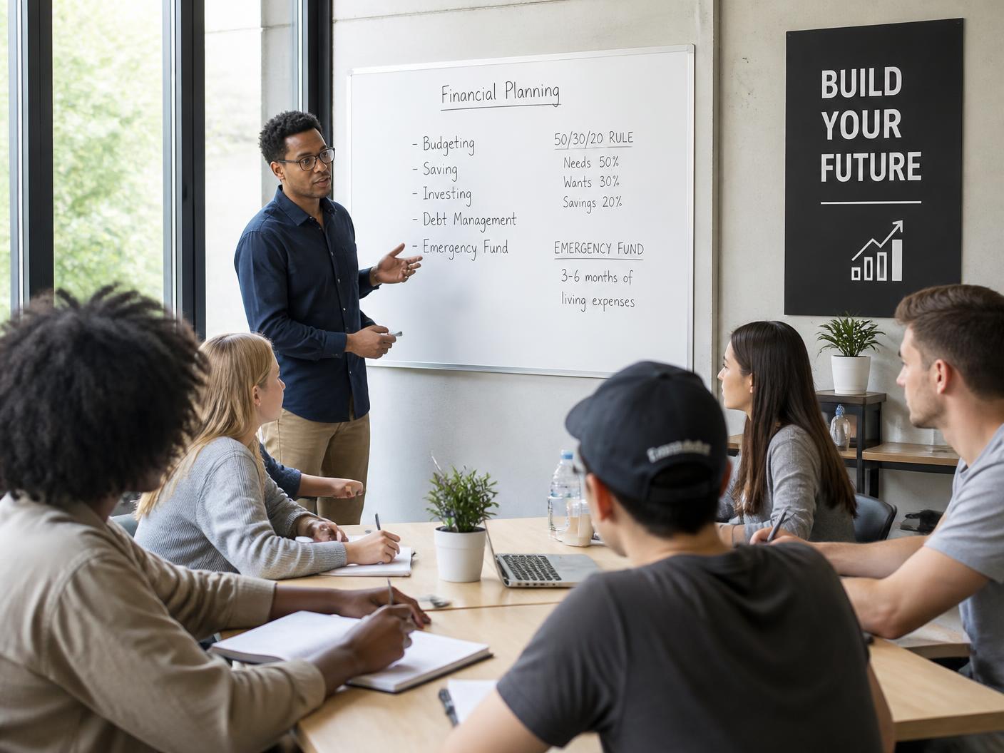 A professional leading a practical financial workshop for young adults